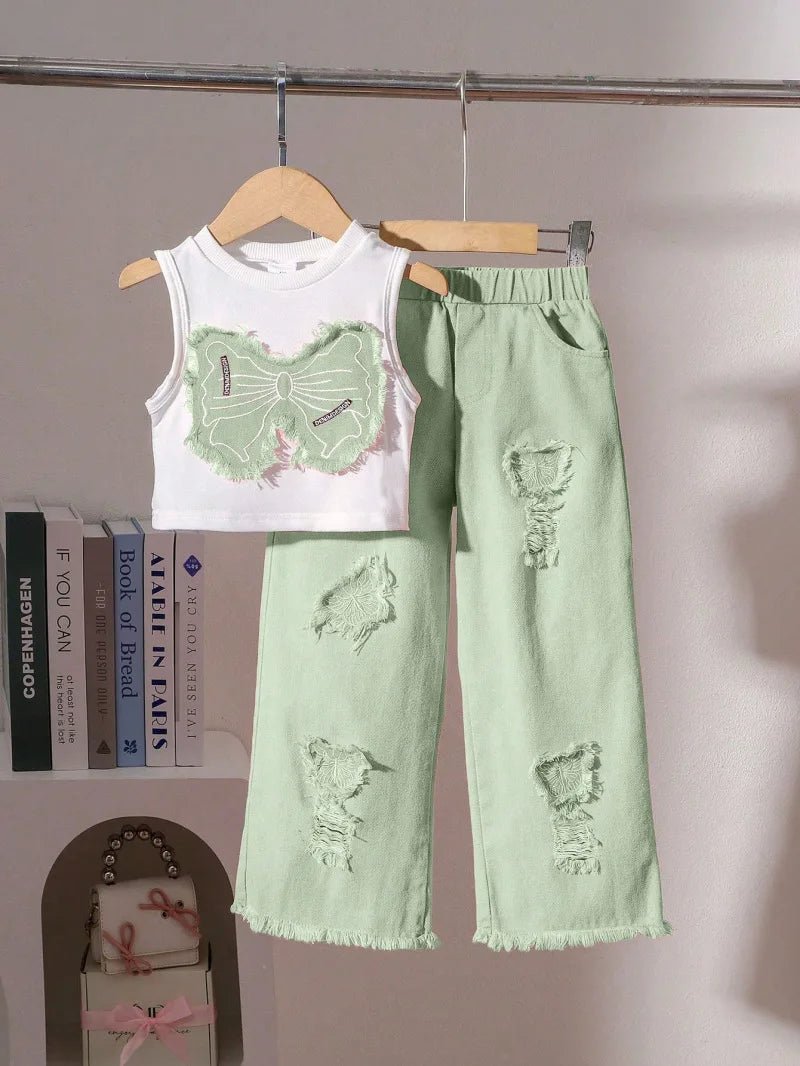 Unique Kid Set Summer Girl Sleeveless Applique Bow Camisole Top Ripped Denim Pants Two-Piece Children Suit Casual Comfortable - Mom & Kids