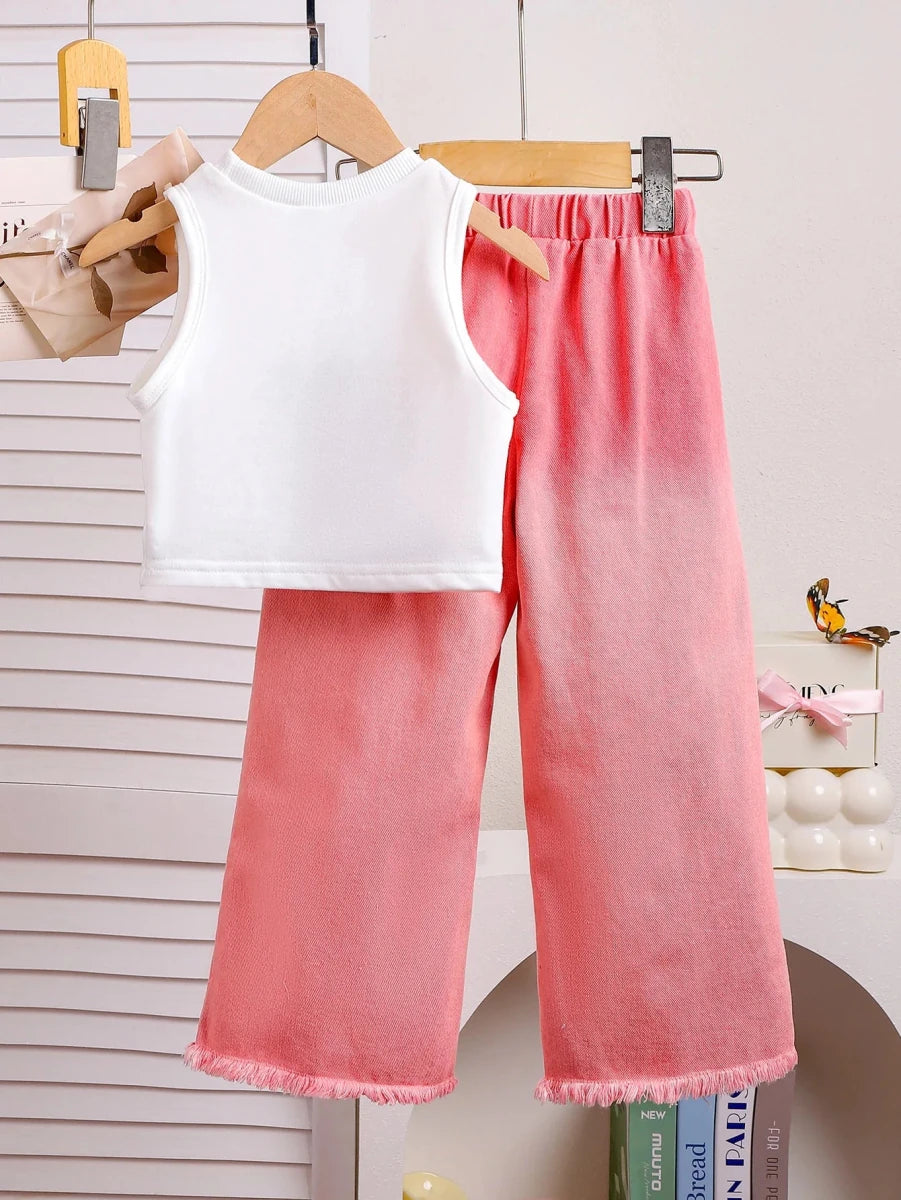 Unique Kid Set Summer Girl Sleeveless Applique Bow Camisole Top Ripped Denim Pants Two-Piece Children Suit Casual Comfortable - Mom & Kids