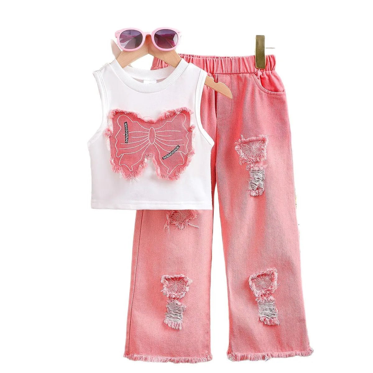 Unique Kid Set Summer Girl Sleeveless Applique Bow Camisole Top Ripped Denim Pants Two-Piece Children Suit Casual Comfortable - Mom & Kids