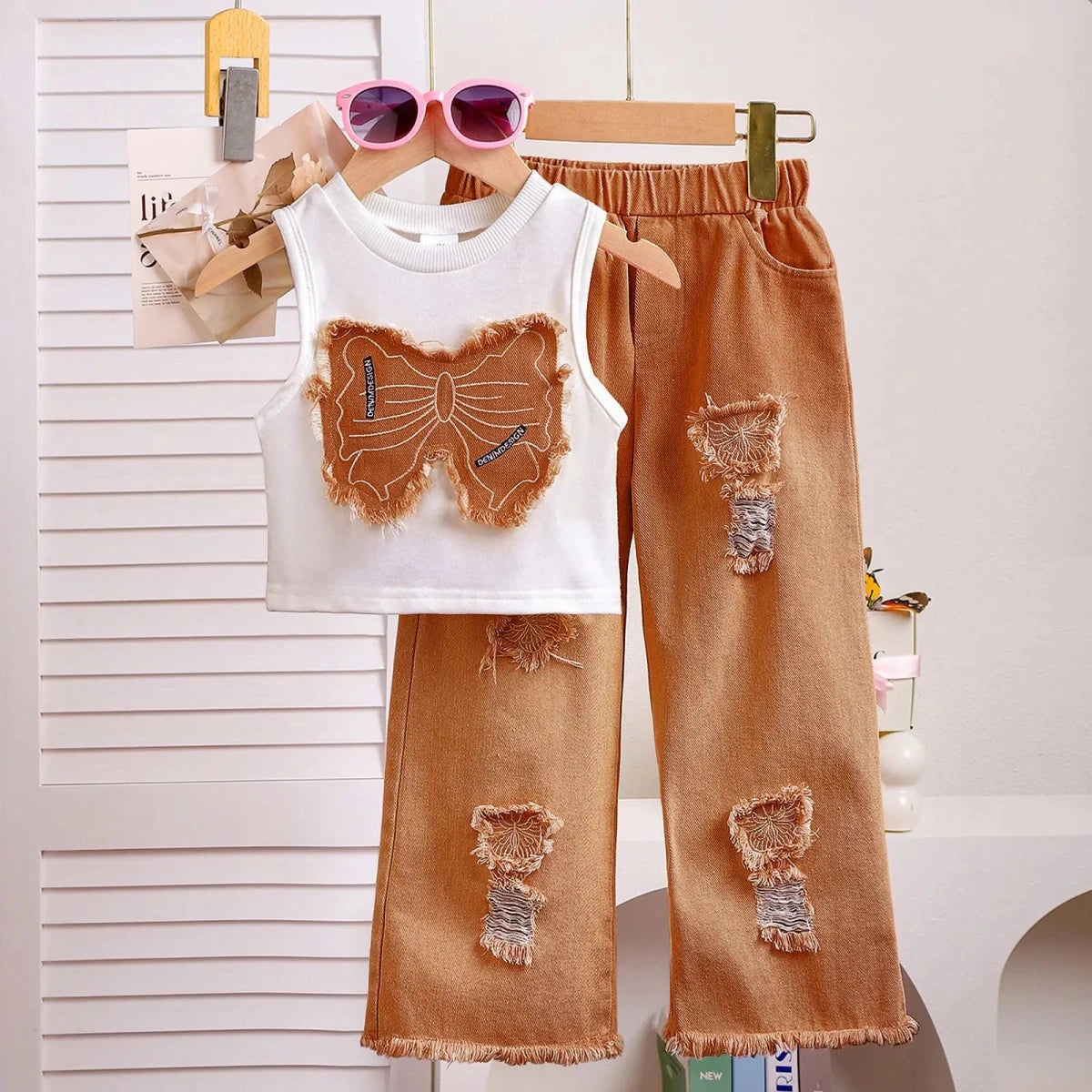 Unique Kid Set Summer Girl Sleeveless Applique Bow Camisole Top Ripped Denim Pants Two-Piece Children Suit Casual Comfortable - Mom & Kids