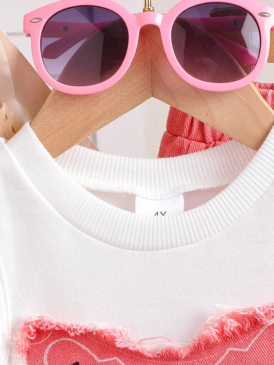 Unique Kid Set Summer Girl Sleeveless Applique Bow Camisole Top Ripped Denim Pants Two-Piece Children Suit Casual Comfortable - Mom & Kids