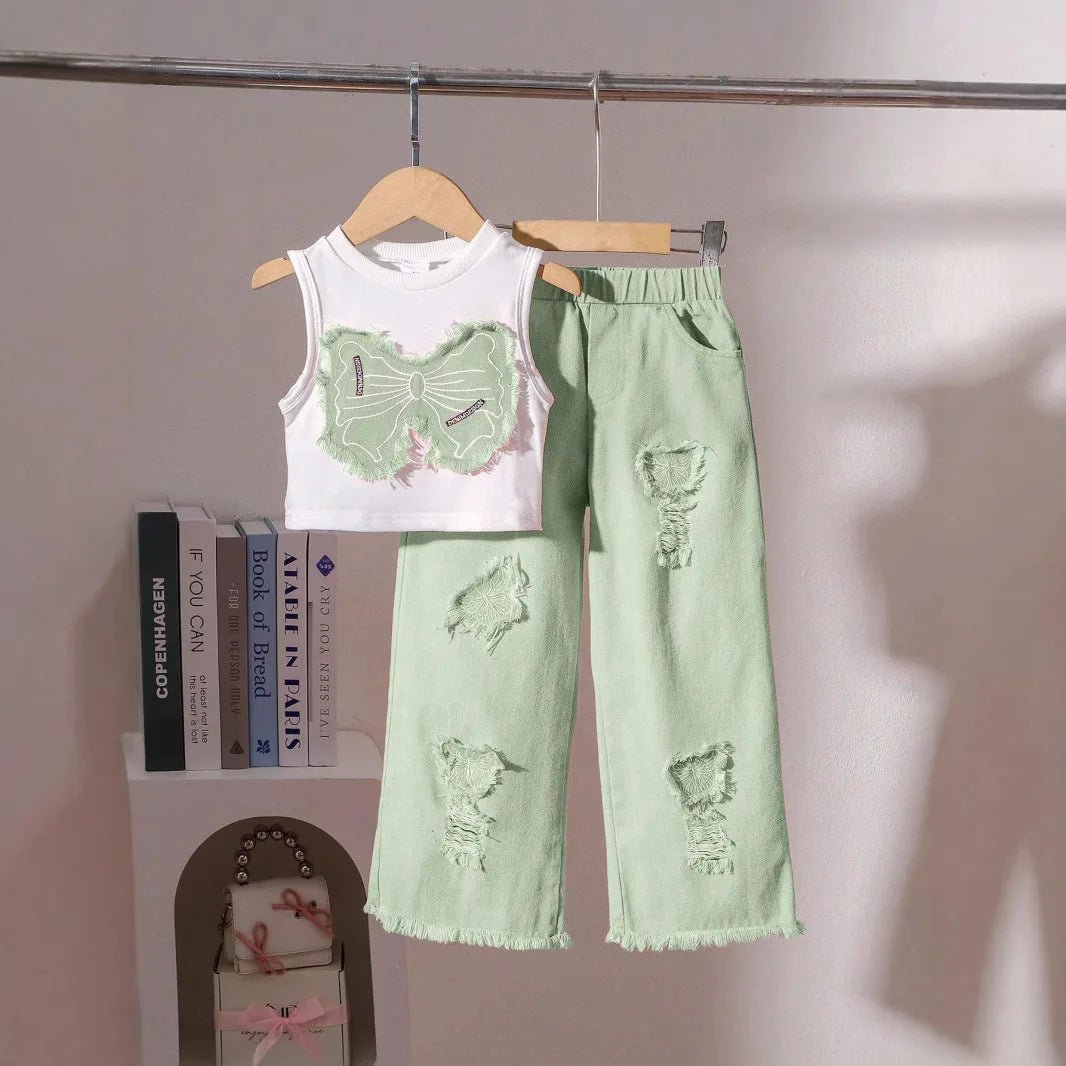 Unique Kid Set Summer Girl Sleeveless Applique Bow Camisole Top Ripped Denim Pants Two-Piece Children Suit Casual Comfortable - Mom & Kids