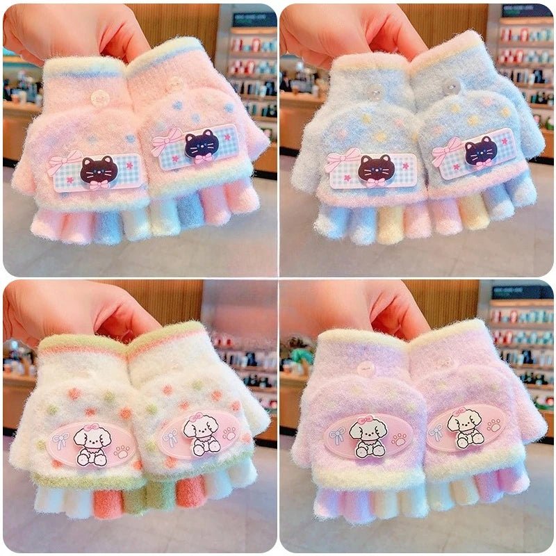 Winter Plush Knitted Cartoon Rabbit Flexible Flip-top Gloves Thicken Warm Cute Gloves For Baby Girls Half Finger Children Gloves - Mom & Kids
