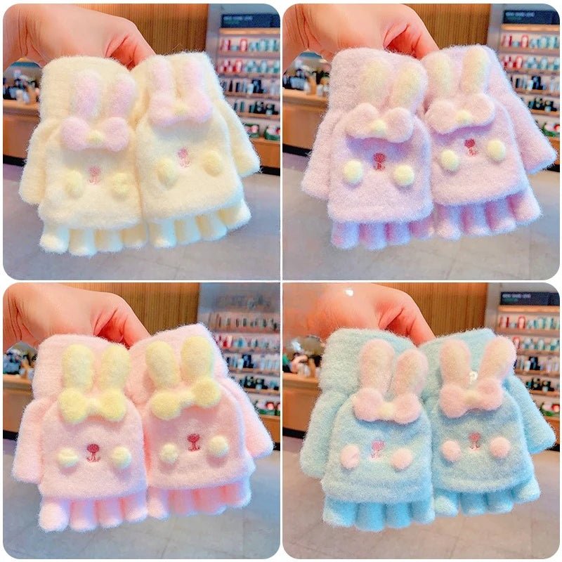 Winter Plush Knitted Cartoon Rabbit Flexible Flip-top Gloves Thicken Warm Cute Gloves For Baby Girls Half Finger Children Gloves - Mom & Kids