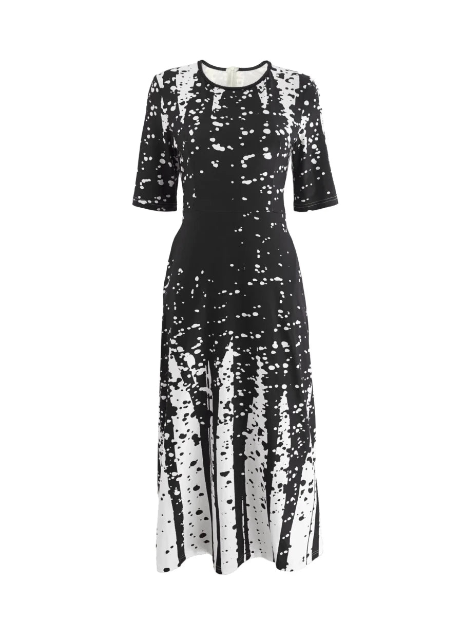 Women's Elegant Party Long Dresses Loose Round Neck Short Sleeves Retro Printed Casual Long Dress (Available) - Mom & Kids