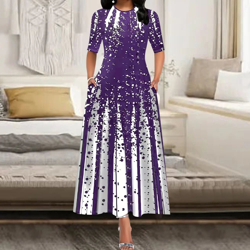 Women's Elegant Party Long Dresses Loose Round Neck Short Sleeves Retro Printed Casual Long Dress (Available) - Mom & Kids